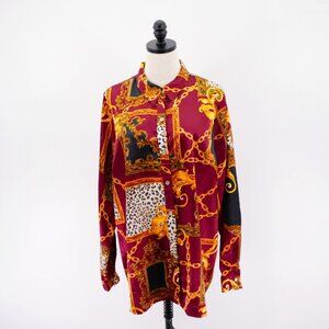 Guess XL Red Yellow Shiny Polyester Collared Button Front Top Shirt Baroque Long